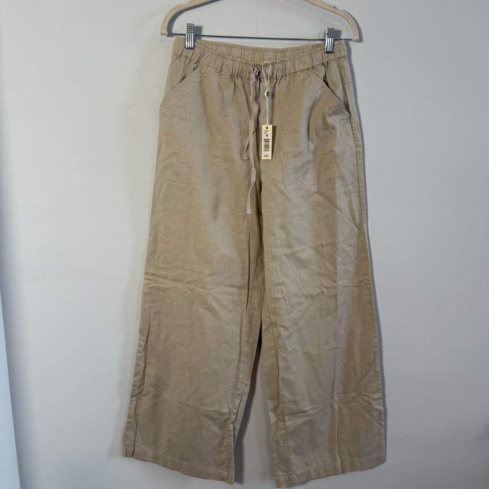 Max Studio Women's Wide-Leg Drawstring Linen Cotton Pants - Beige - Picture 2 of 10